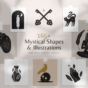 Könnte beinhalten: Eine Sammlung von über 165 mystischen Formen und Illustrationen in Schwarz und Gold. Die Illustrationen beinhalten eine meditierende Frau, eine Katze, einen Schädel mit einem Raben, eine Hand, die einen Kristall hält, eine Vase mit Blättern und ein Paar Hände im Gebet. Der Text "165+ Mystische Formen & Illustrationen" und "FÜR DRUCK & LOGODESIGN" ist im Bild enthalten.