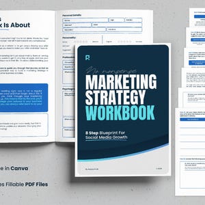Può includere: Un quaderno di lavoro sulla strategia di marketing con una copertina blu navy e testo bianco. Il titolo recita "No nonsense MARKETING STRATEGY WORKBOOK". Il quaderno di lavoro include file PDF compilabili ed è modificabile in Canva.