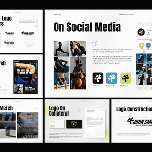 Puede incluir: Un tablero de presentaci&oacute;n con el texto "Common Logo Use Errors", "On Social Media", "On The Web", "Logo On Merch", "Logo On Collateral" y "Logo Construction". El tablero tambi&eacute;n presenta el logotipo "John Smith Personal Trainer".