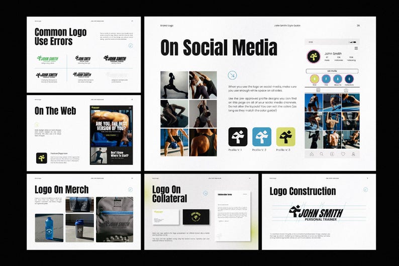 Puede incluir: Un tablero de presentaci&oacute;n con el texto "Common Logo Use Errors", "On Social Media", "On The Web", "Logo On Merch", "Logo On Collateral" y "Logo Construction". El tablero tambi&eacute;n presenta el logotipo "John Smith Personal Trainer".
