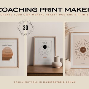 May include: A set of 30 printable mental health posters in a minimalist style. The posters feature illustrations of a brain, a circle with the words "I AM" and a circle with the words "Escape the Zone". The posters are easily editable in Illustrator and Canva.
