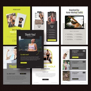 May include: A set of six black and white flyers with yellow accents promoting a home workout toolkit. The flyers feature images of women exercising and text that includes "Download Our Home-Workout Toolkit", "Workout Planner for Beginners", and "Thank You!"