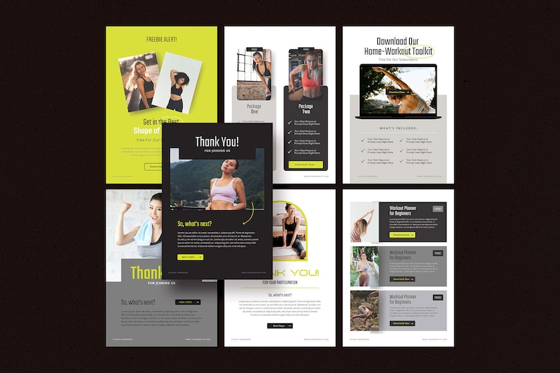May include: A set of six black and white flyers with yellow accents promoting a home workout toolkit. The flyers feature images of women exercising and text that includes "Download Our Home-Workout Toolkit", "Workout Planner for Beginners", and "Thank You!"