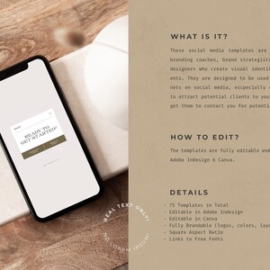 May include: A smartphone mockup displaying a social media template with the text "Ready to Get Started?" on a wooden surface. The template is designed for branding coaches, brand strategists, and graphic designers. The text "Real Text Only! No Lorem Ipsum" is visible in the lower right corner of the image.