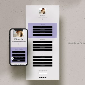 May include: A purple and white mobile website design with the text "Elizabeth." and "Link in Bio List For Instagram Included". The website has a section for "Main Links" and "My Blog" with clickable buttons.