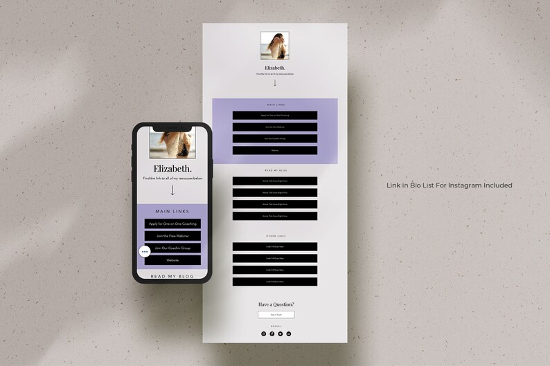 May include: A purple and white mobile website design with the text "Elizabeth." and "Link in Bio List For Instagram Included". The website has a section for "Main Links" and "My Blog" with clickable buttons.