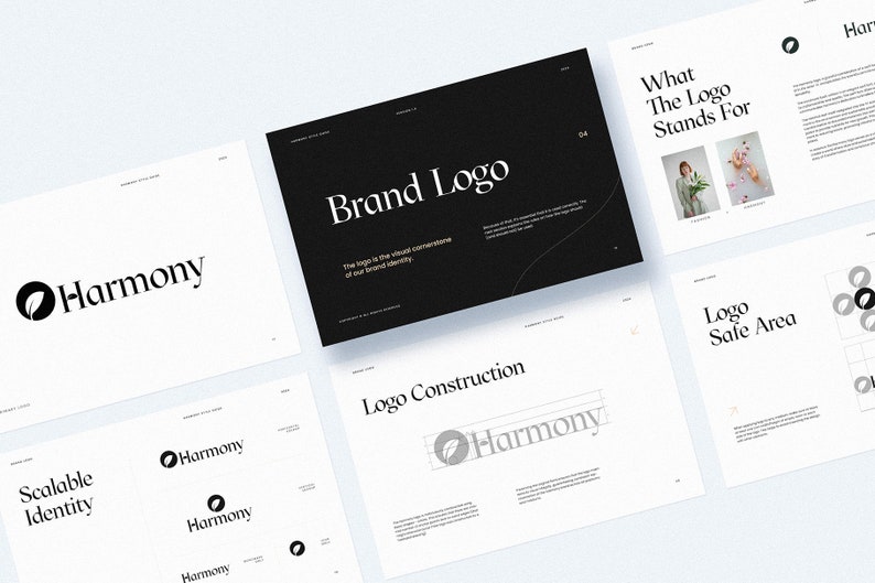 Peut inclure: Un guide de style de marque noir et blanc pour une entreprise appel&eacute;e "Harmony". Le logo pr&eacute;sente une feuille stylis&eacute;e &agrave; l'int&eacute;rieur d'un cercle. Le guide comprend des informations sur le logo, sa construction et son utilisation dans diff&eacute;rentes tailles.