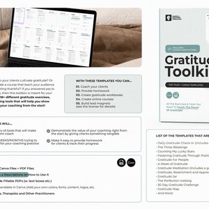 May include: A teal and white box with the text "Gratitude Toolkit" and "PDF Files + Canva Templates". The box contains 18+ gratitude exercises, handouts, and tools to help coaches show the tangible value of their coaching.