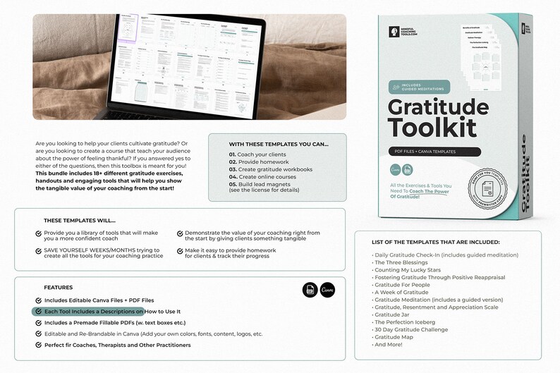 May include: A teal and white box with the text "Gratitude Toolkit" and "PDF Files + Canva Templates". The box contains 18+ gratitude exercises, handouts, and tools to help coaches show the tangible value of their coaching.