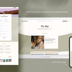 Puede incluir: Una maqueta digital de un sitio web y una interfaz de aplicaci&oacute;n m&oacute;vil. El sitio web muestra un blog con el t&iacute;tulo "The Blog" y una publicaci&oacute;n destacada. La aplicaci&oacute;n m&oacute;vil muestra un perfil con el texto "Hey, Marie! I'm Marie Wilson."