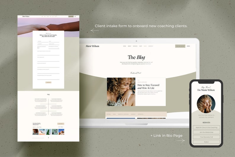 Puede incluir: Una maqueta digital de un sitio web y una interfaz de aplicaci&oacute;n m&oacute;vil. El sitio web muestra un blog con el t&iacute;tulo "The Blog" y una publicaci&oacute;n destacada. La aplicaci&oacute;n m&oacute;vil muestra un perfil con el texto "Hey, Marie! I'm Marie Wilson."
