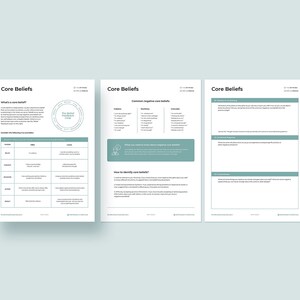 K&ouml;nnte beinhalten: Drei druckbare Arbeitsbl&auml;tter mit dem Titel "Core Beliefs" mit Abschnitten zur Identifizierung und Erforschung von Grund&uuml;berzeugungen. Die Arbeitsbl&auml;tter enthalten ein Diagramm des "Belief Framework Cycle" und Aufforderungen zur Reflexion.