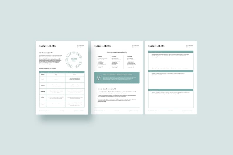 K&ouml;nnte beinhalten: Drei druckbare Arbeitsbl&auml;tter mit dem Titel "Core Beliefs" mit Abschnitten zur Identifizierung und Erforschung von Grund&uuml;berzeugungen. Die Arbeitsbl&auml;tter enthalten ein Diagramm des "Belief Framework Cycle" und Aufforderungen zur Reflexion.