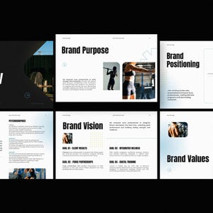 Puede incluir: Una presentaci&oacute;n con diapositivas sobre estrategia de marca, prop&oacute;sito, posicionamiento, visi&oacute;n, valores y p&uacute;blico objetivo. Las diapositivas presentan texto, gr&aacute;ficos e im&aacute;genes de personas haciendo ejercicio. La marca "John Smith" es visible.