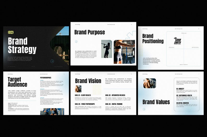 Puede incluir: Una presentaci&oacute;n con diapositivas sobre estrategia de marca, prop&oacute;sito, posicionamiento, visi&oacute;n, valores y p&uacute;blico objetivo. Las diapositivas presentan texto, gr&aacute;ficos e im&aacute;genes de personas haciendo ejercicio. La marca "John Smith" es visible.