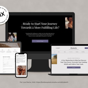 May include: A website mockup for a life coach, showing a desktop computer, tablet, and smartphone. The website features a black background with white text and a call to action button that says "Coaching Packages". The text on the website reads "Ready to Start Your Journey Towards a More Fulfilling Life?" and "Sometimes life is telling you to make a turn, but often times we are too scared of the unknown. Are you going to let your fears hinder your future or are you ready to explore the power of coaching?"