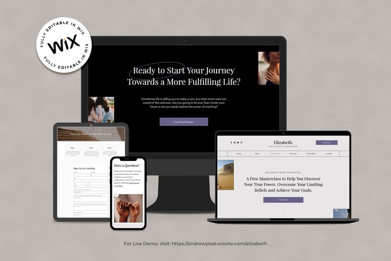 May include: A website mockup for a life coach, showing a desktop computer, tablet, and smartphone. The website features a black background with white text and a call to action button that says "Coaching Packages". The text on the website reads "Ready to Start Your Journey Towards a More Fulfilling Life?" and "Sometimes life is telling you to make a turn, but often times we are too scared of the unknown. Are you going to let your fears hinder your future or are you ready to explore the power of coaching?"