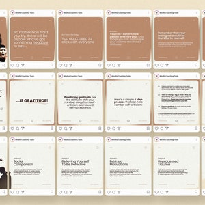 May include: A series of 12 Instagram posts with tips on how to combat self-criticism. The posts feature text and images with a brown and white color scheme.