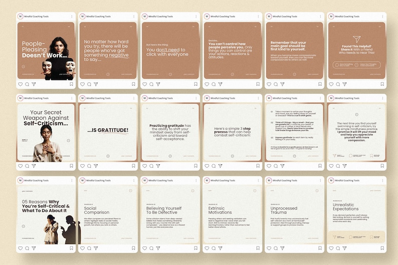 May include: A series of 12 Instagram posts with tips on how to combat self-criticism. The posts feature text and images with a brown and white color scheme.