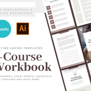 Może przedstawiać: Mockup produktu cyfrowego przedstawiający brązowo-biały zeszyt do kursu online z tekstem "45 Time Saving Templates e-Course Workbook" i "Worksheets, Cheat Sheets, Checklists Task Trackers and Much More". Zeszyt został zaprojektowany dla freelancer&oacute;w i firm online i jest kompatybilny z Canva i Adobe Illustrator.