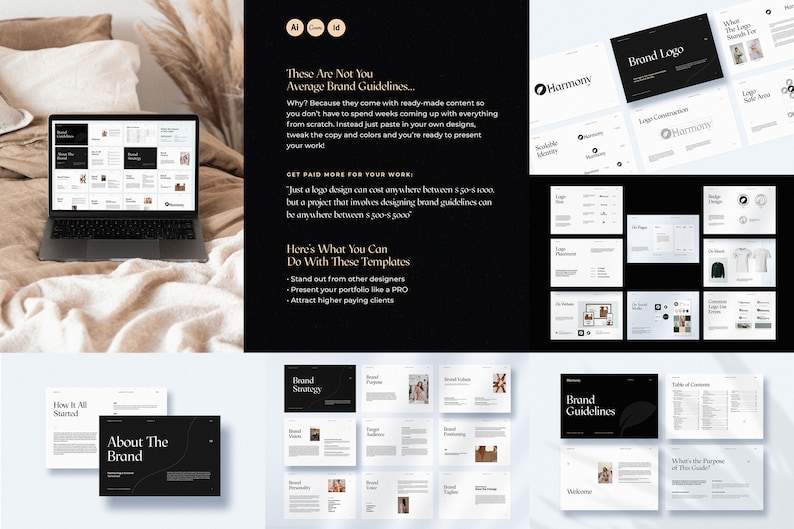 Peut inclure: Une maquette noir et blanc d'un document de directives de marque avec le texte "These Are Not You Average Brand Guidelines..." et "Here's What You Can Do With These Templates". Le document comprend des sections sur la strat&eacute;gie de marque, le logo de marque et les directives de marque.