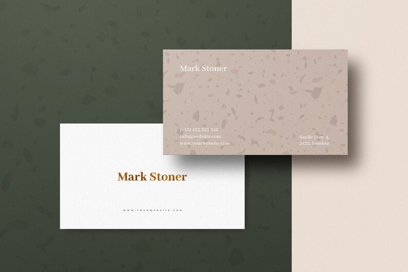 May include: Two business cards with a terrazzo pattern. The top card has the name "Mark Stoner" and contact information. The bottom card has the name "Mark Stoner" and the website address "www.yourwebsite.com".