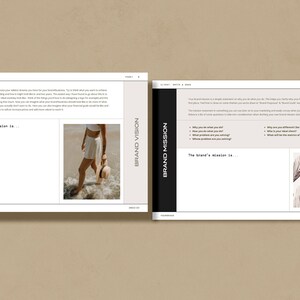 May include: A worksheet with the text "Brand Vision" and "Brand Mission" in black text on a white background. The worksheet includes prompts for defining a brand's vision and mission. The worksheet also includes two images of women wearing white clothing.