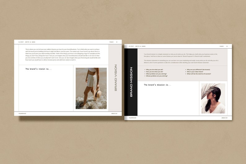 May include: A worksheet with the text "Brand Vision" and "Brand Mission" in black text on a white background. The worksheet includes prompts for defining a brand's vision and mission. The worksheet also includes two images of women wearing white clothing.