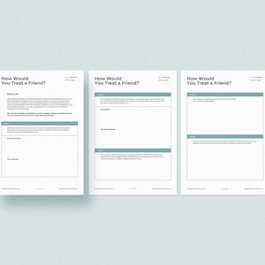 K&ouml;nnte beinhalten: Drei leere Arbeitsbl&auml;tter mit dem Text "Wie w&uuml;rdest du einen Freund behandeln?" oben. Die Arbeitsbl&auml;tter sollen Menschen helfen, &uuml;ber ihre Werte und ihren Umgang mit anderen nachzudenken.
