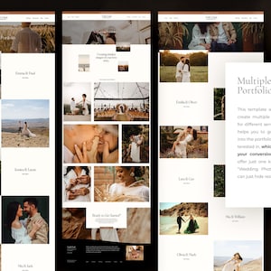 May include: A website design for a wedding photographer showcasing a grid of images of couples in various poses and settings. The website features a call to action to "Get Started" and a section titled "Multiple Portfolio Options".
