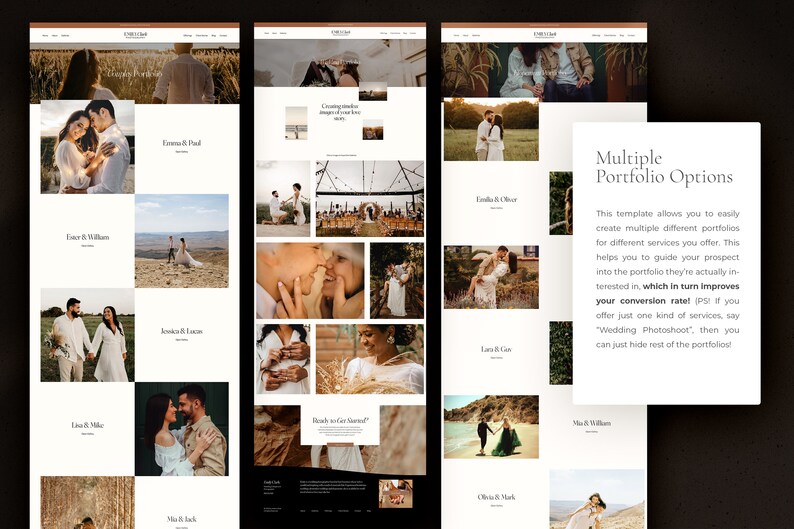 May include: A website design for a wedding photographer showcasing a grid of images of couples in various poses and settings. The website features a call to action to "Get Started" and a section titled "Multiple Portfolio Options".