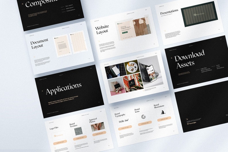 Peut inclure: Un guide de marque noir et blanc avec le titre "Applications" et des sections pour les fichiers de logo, les textures de marque, les photos approuv&eacute;es, la typographie de marque, les ic&ocirc;nes de marque et les illustrations de marque.