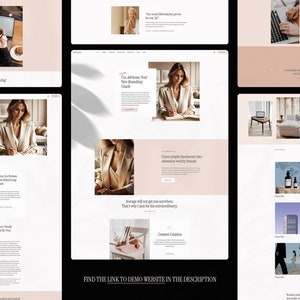 Puede incluir: Una p&aacute;gina de inicio de un sitio web para un coach de marca. El sitio web presenta un fondo rosa claro con una foto de una mujer con un blazer beige sentada en un escritorio. El texto "Transformo tu simple negocio en marcas dignas de atenci&oacute;n" se muestra en el sitio web.