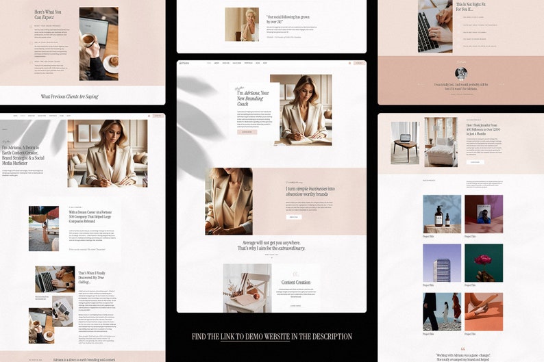 Puede incluir: Una p&aacute;gina de inicio de un sitio web para un coach de marca. El sitio web presenta un fondo rosa claro con una foto de una mujer con un blazer beige sentada en un escritorio. El texto "Transformo tu simple negocio en marcas dignas de atenci&oacute;n" se muestra en el sitio web.