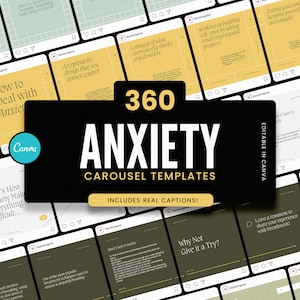 Op de afbeelding: Een verzameling van 360 Instagram-carrouseltemplates voor social media marketing. De templates zijn ontworpen om mensen te helpen omgaan met angst. De tekst op de afbeelding luidt "360 Angst-carrouseltemplates Inclusief echte bijschriften!"