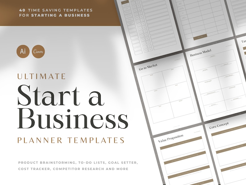 May include: A set of 40 printable business planner templates in black and white with brown accents. The templates include sections for product brainstorming, to-do lists, goal setting, cost tracking, competitor research, and more.