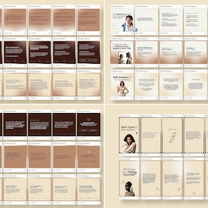 May include: A collection of 24 Instagram post templates with a brown and beige color scheme. The posts feature text about self-care, self-esteem, and mindfulness. The text is in a serif font and is centered on the page. The posts are designed to be used for social media marketing.