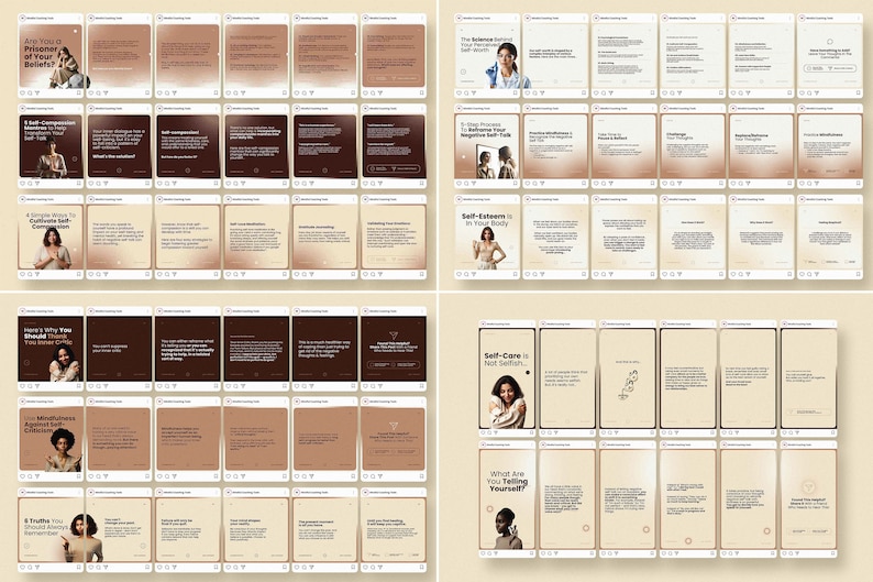May include: A collection of 24 Instagram post templates with a brown and beige color scheme. The posts feature text about self-care, self-esteem, and mindfulness. The text is in a serif font and is centered on the page. The posts are designed to be used for social media marketing.