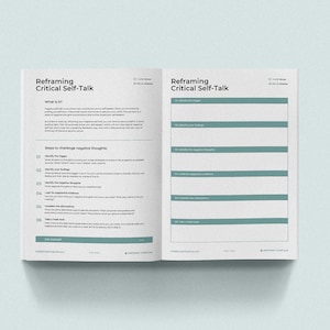 K&ouml;nnte beinhalten: Ein zweiseitiges Arbeitsbuch mit dem Titel "Reframing Critical Self-Talk" auf der linken Seite. Die linke Seite enth&auml;lt einen Abschnitt mit dem Titel "What is it?" und einen weiteren Abschnitt mit dem Titel "Steps to challenge negative thoughts." Die rechte Seite enth&auml;lt einen Abschnitt mit dem Titel "Identify the trigger" und einen weiteren Abschnitt mit dem Titel "Identify negative thoughts."