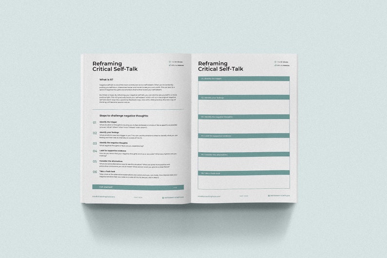 K&ouml;nnte beinhalten: Ein zweiseitiges Arbeitsbuch mit dem Titel "Reframing Critical Self-Talk" auf der linken Seite. Die linke Seite enth&auml;lt einen Abschnitt mit dem Titel "What is it?" und einen weiteren Abschnitt mit dem Titel "Steps to challenge negative thoughts." Die rechte Seite enth&auml;lt einen Abschnitt mit dem Titel "Identify the trigger" und einen weiteren Abschnitt mit dem Titel "Identify negative thoughts."