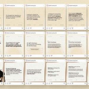 May include: A series of beige Instagram posts with brown text and graphics. The posts offer advice on self-esteem, self-compassion, and mindfulness. The text includes phrases like "Your Self-Esteem is Fragile Because...", "How to Find Your Self-Compassion", and "What If..."