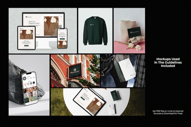 Peut inclure: Une collection de maquettes pr&eacute;sentant divers &eacute;l&eacute;ments de marque pour une entreprise appel&eacute;e "Harmony". Les maquettes comprennent un ordinateur portable, un t&eacute;l&eacute;phone, un sweat-shirt, un sac fourre-tout, une carte de visite et une signal&eacute;tique de magasin. Les couleurs de la marque sont le vert et le noir.