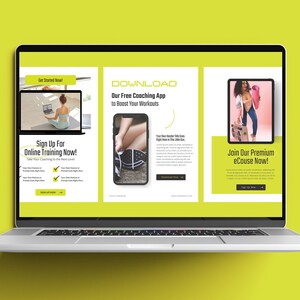 May include: A laptop computer screen displaying a website with three different sections. The first section is a sign-up for online training, the second section is a download for a free coaching app, and the third section is a sign-up for a premium e-course. The website has a yellow background.