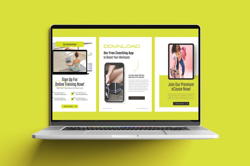 May include: A laptop computer screen displaying a website with three different sections. The first section is a sign-up for online training, the second section is a download for a free coaching app, and the third section is a sign-up for a premium e-course. The website has a yellow background.