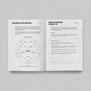 May include: A black and white printable worksheet with the title "Benefits of Gratitude" and a graphic of a wheel with the words "Happiness & Wellbeing" in the center. The worksheet also includes the title "Daily Gratitude Check-In" and a list of questions to help you practice gratitude.