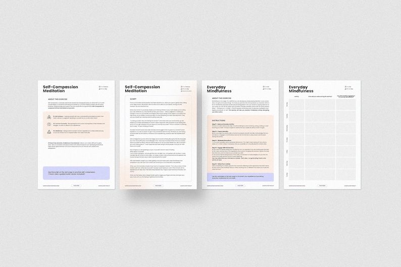 May include: Four printable worksheets for self-compassion meditation and everyday mindfulness. The worksheets include instructions and prompts for practicing self-compassion and mindfulness.