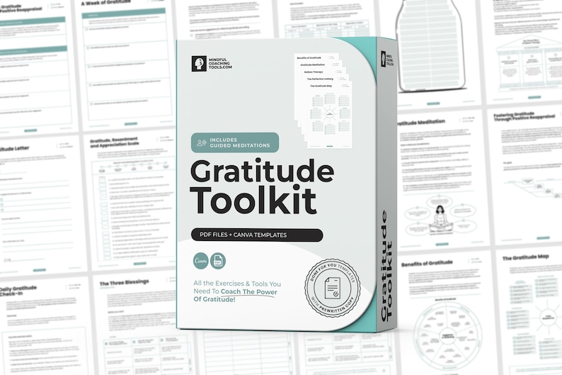 May include: A gray box with the text "Gratitude Toolkit" in white. The box is surrounded by several pages of a workbook with various exercises and tools for practicing gratitude. The box includes PDF files and Canva templates.
