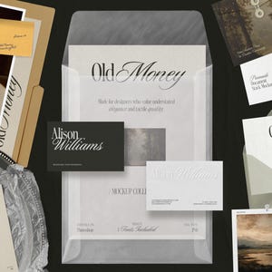 May include: A mockup collection with the text "Old Money" and "Alison Williams" on various stationery items. The items include business cards, envelopes, and a photo. The design has a vintage aesthetic.