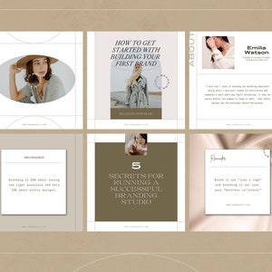 May include: A collage of six Instagram posts with a brown background. The posts feature a woman in a white coat, a woman in a hat, a woman in a white shirt, a woman in a white shirt, a woman in a white shirt, and a woman in a white shirt. The posts are about branding and how to get started with building your first brand.
