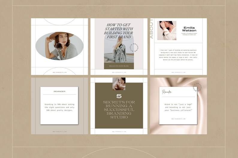 May include: A collage of six Instagram posts with a brown background. The posts feature a woman in a white coat, a woman in a hat, a woman in a white shirt, a woman in a white shirt, a woman in a white shirt, and a woman in a white shirt. The posts are about branding and how to get started with building your first brand.